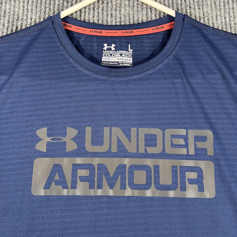 Under Armour Shirt Womens Large Blue Short Sleeve Loose Fit Heat Gear ColdBlack